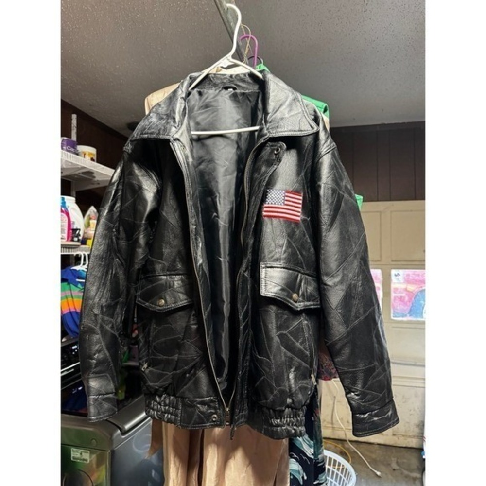 Vintage Patchwork Leather Bomber Jacket Black American Flag Patch Mens